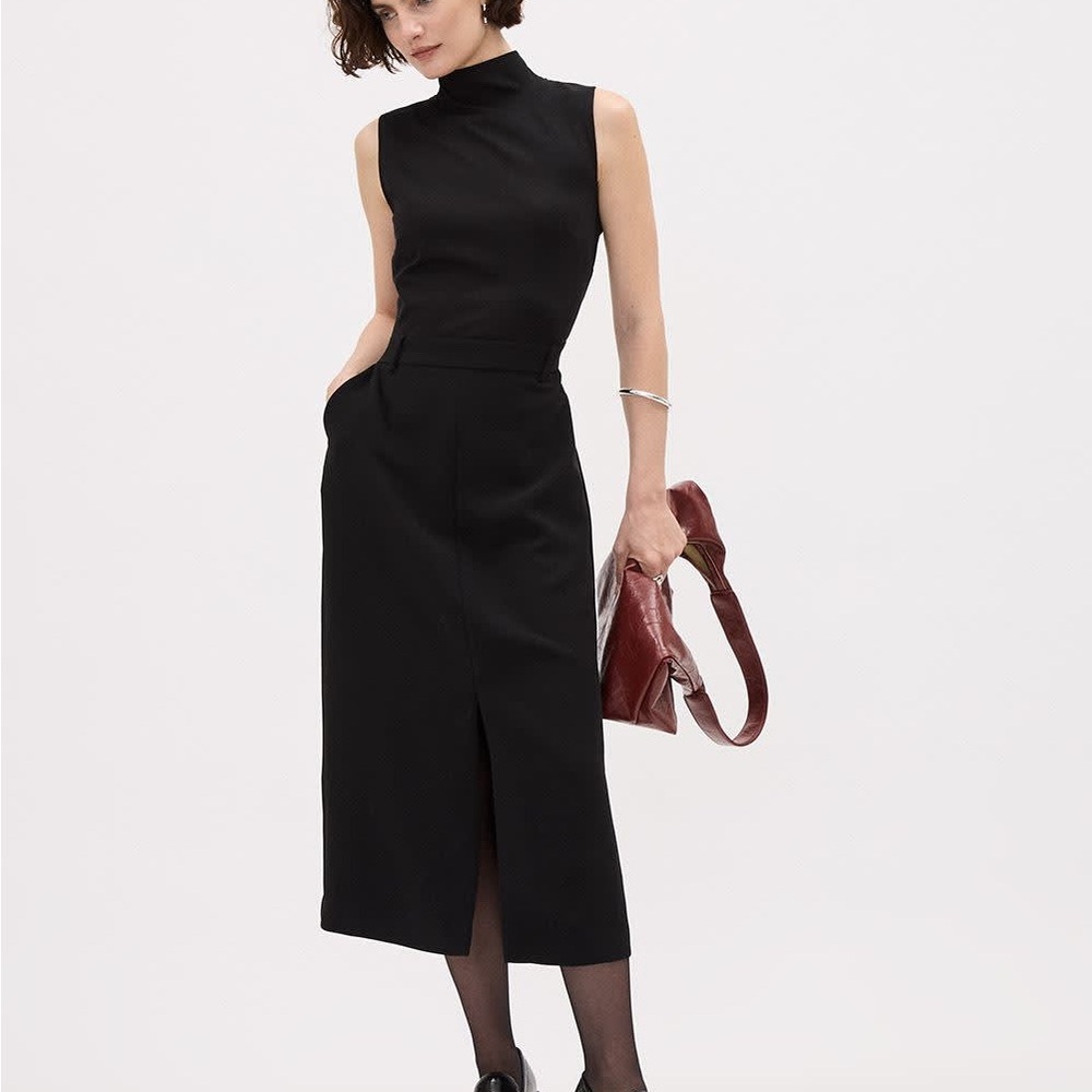 Black Sleeveless Mock-Neck Midi Dress